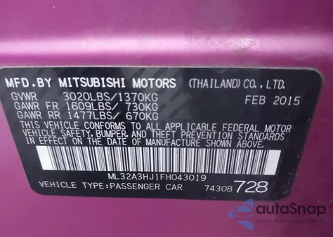 2015 Mitsubishi Mirage De/Rf from USA, damaged, VIN ML32A3HJ1FH043019